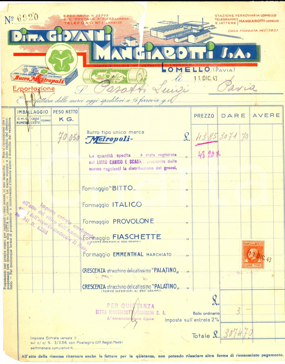 Documento originale, autentico 1943 LOMELLO PV Ditta Giovanni MANGIAROTTI Fattura formaggio e crescenza 1