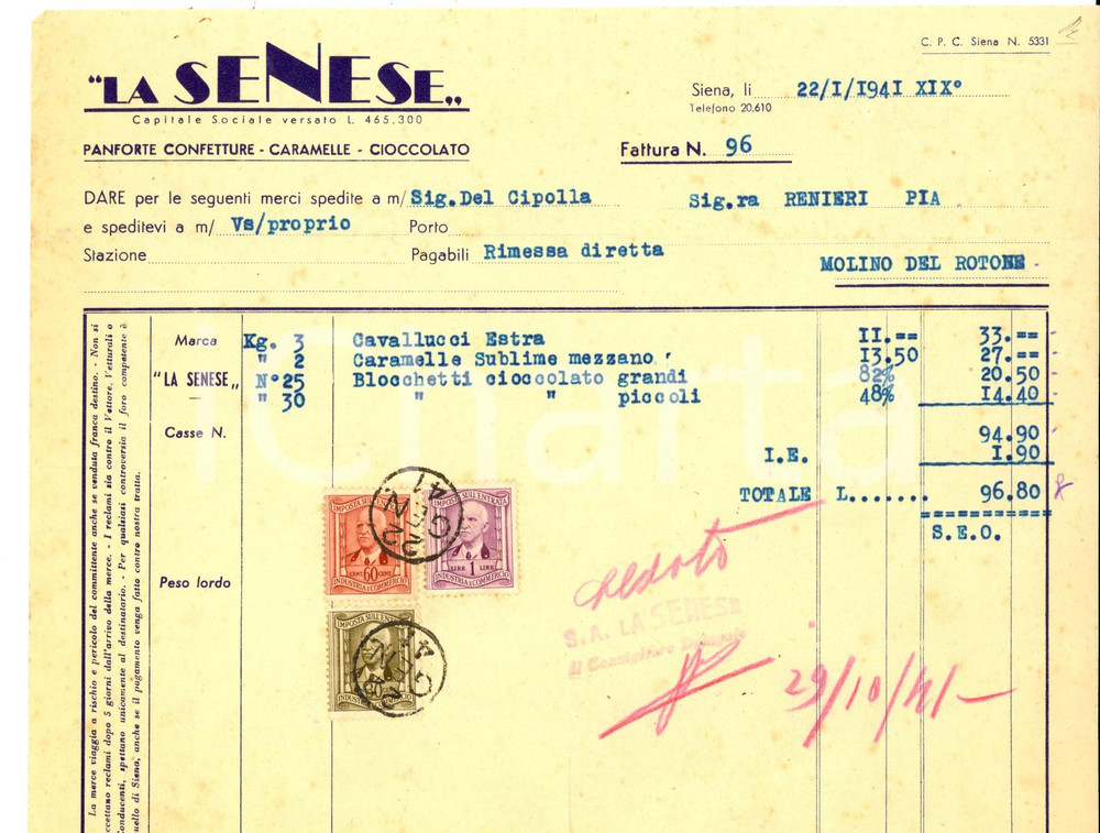 Documento originale, autentico 1941 SIENA Ditta LA SENESE Fattura cioccolato e cavallucci Carta intestata 1