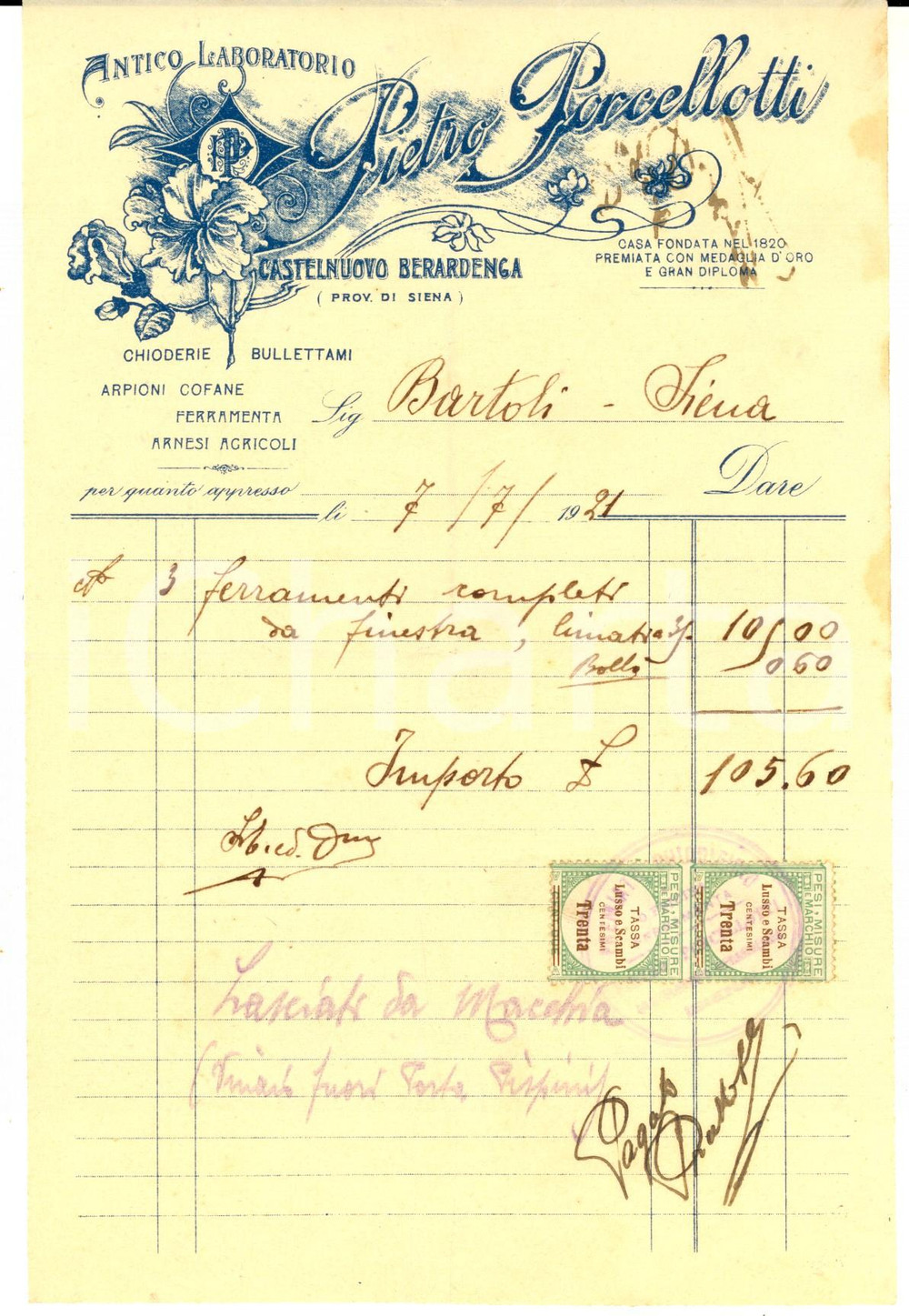 Documento originale, autentico 1921 CASTELNUOVO BERARDENGA SI Laboratorio Pietro PORCELLOTTI chioderie cofane 1