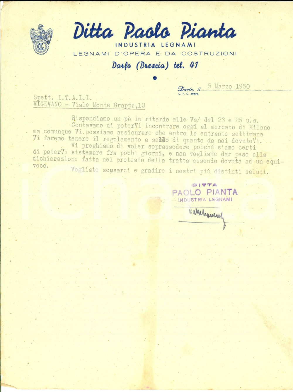 Manoscritto, lettera originale 1950 DARFO BS Ditta Paolo PIANTA Legnami d opera e da costruzioni Lettera 1
