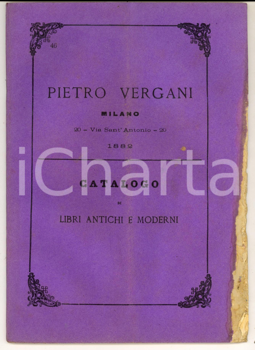Libro, pubblicazione d epoca 1882 MILANO Libreria Pietro VERGANI Catalogo di libri antichi e moderni nÂ° 46 1
