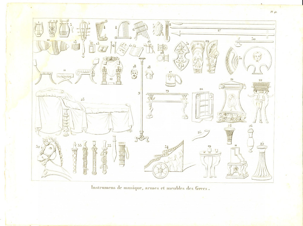 Stampa, bozzetto originale 1830 Anacharsis en GrÃ¨ce  Instrumens de musique des Grecs Gravure pl. 42 1