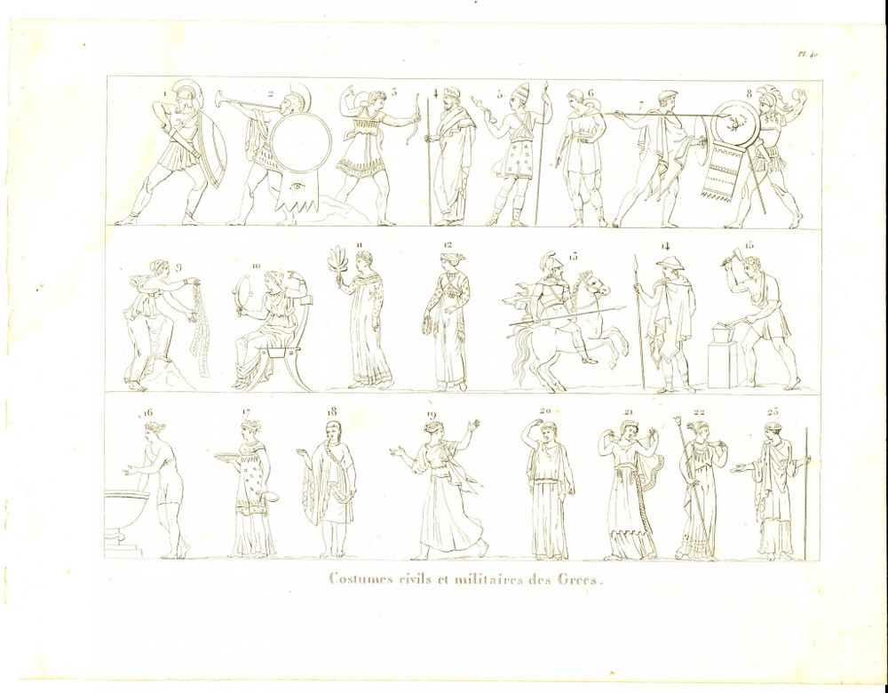 Stampa, bozzetto originale 1830 Anacharsis en GrÃ¨ce  Costumes civils et militaires des Grecs Gravure 40 1
