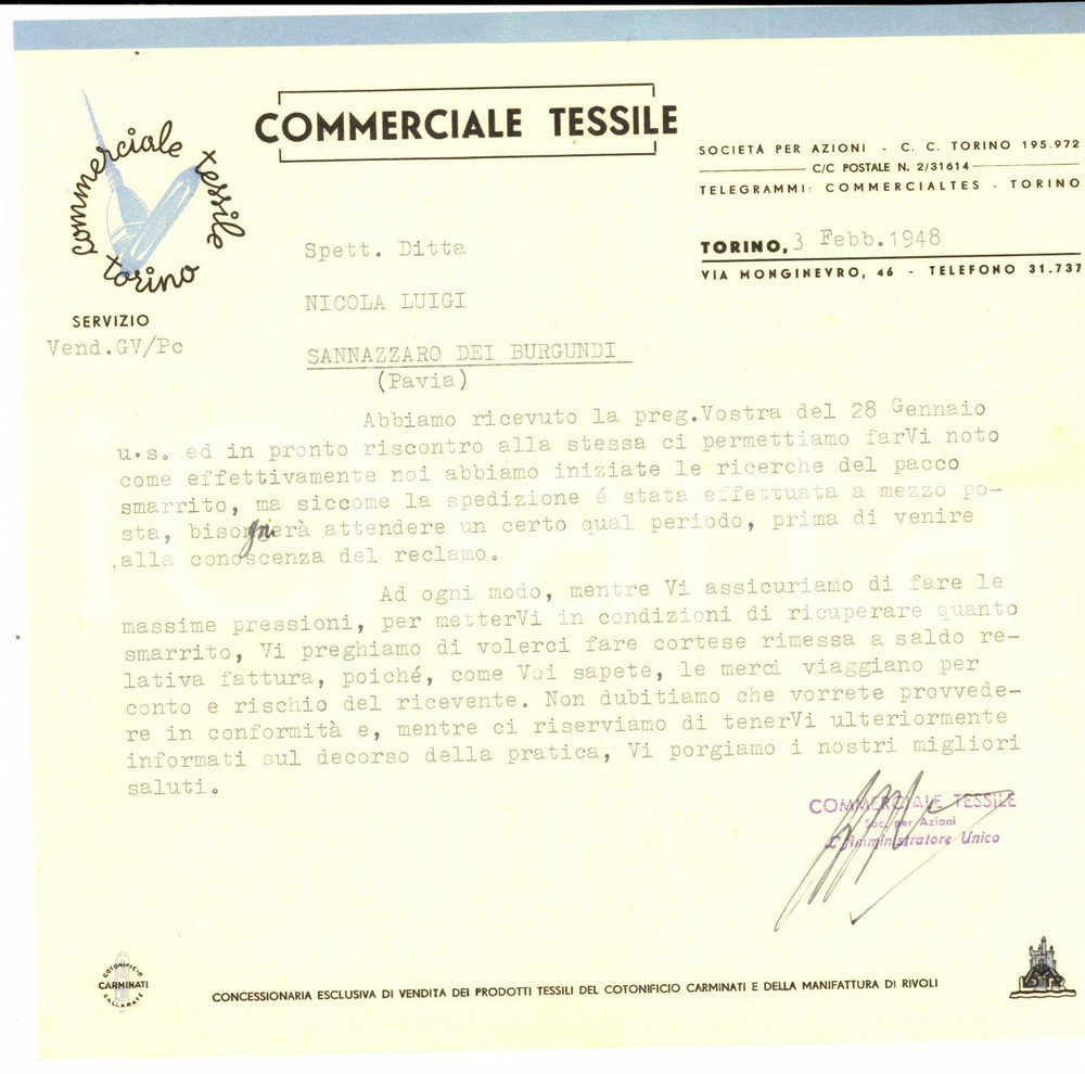 Documento originale, autentico 1948 TORINO Via Monginevro  COMMERCIALE TESSILE Lettera su carta intestata 1