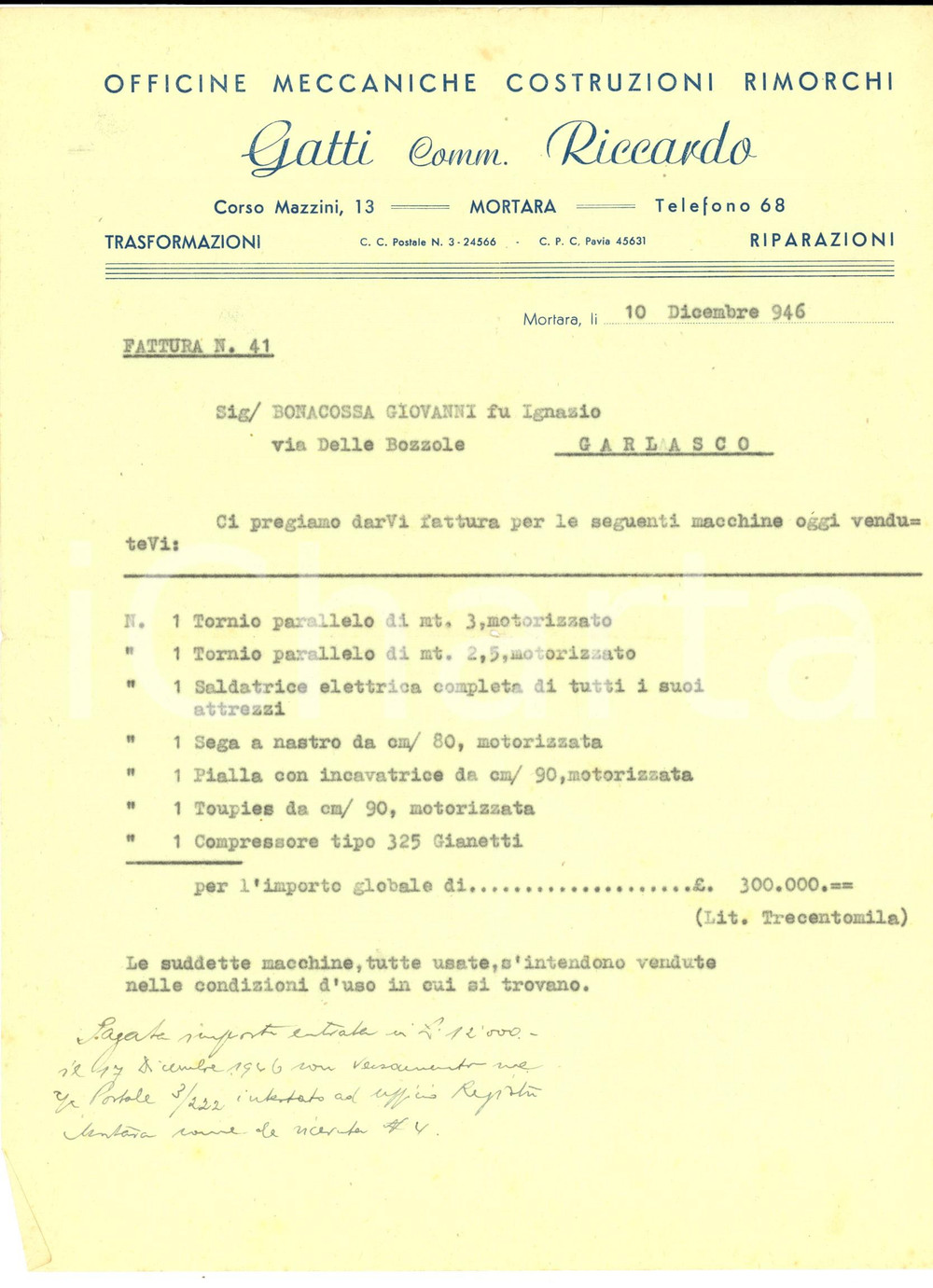Documento originale, autentico 1946 MORTARA PV Officine meccaniche Riccardo GATTI Fattura su carta intestata 1
