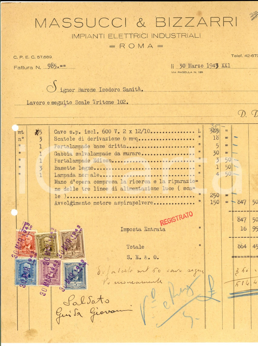 Documento originale, autentico 1943 ROMA Via Rasella MASSUCCI & BIZZARRI Impianti elettrici Fattura 1