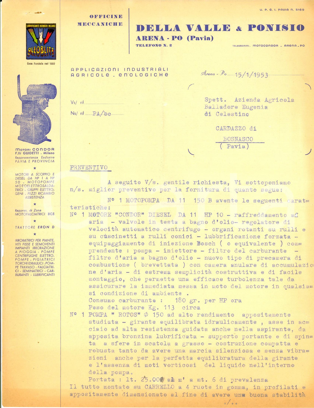Manoscritto, lettera originale 1953 ARENA PO PV Preventivo DELLA VALLE & PONISIO motore CONDOR pompa ROTOS 1
