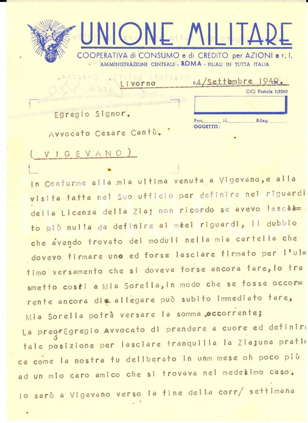 Manoscritto, lettera originale 1949 LIVORNO UNIONE MILITARE Cooperativa di consumo Lettera carta intestata 1