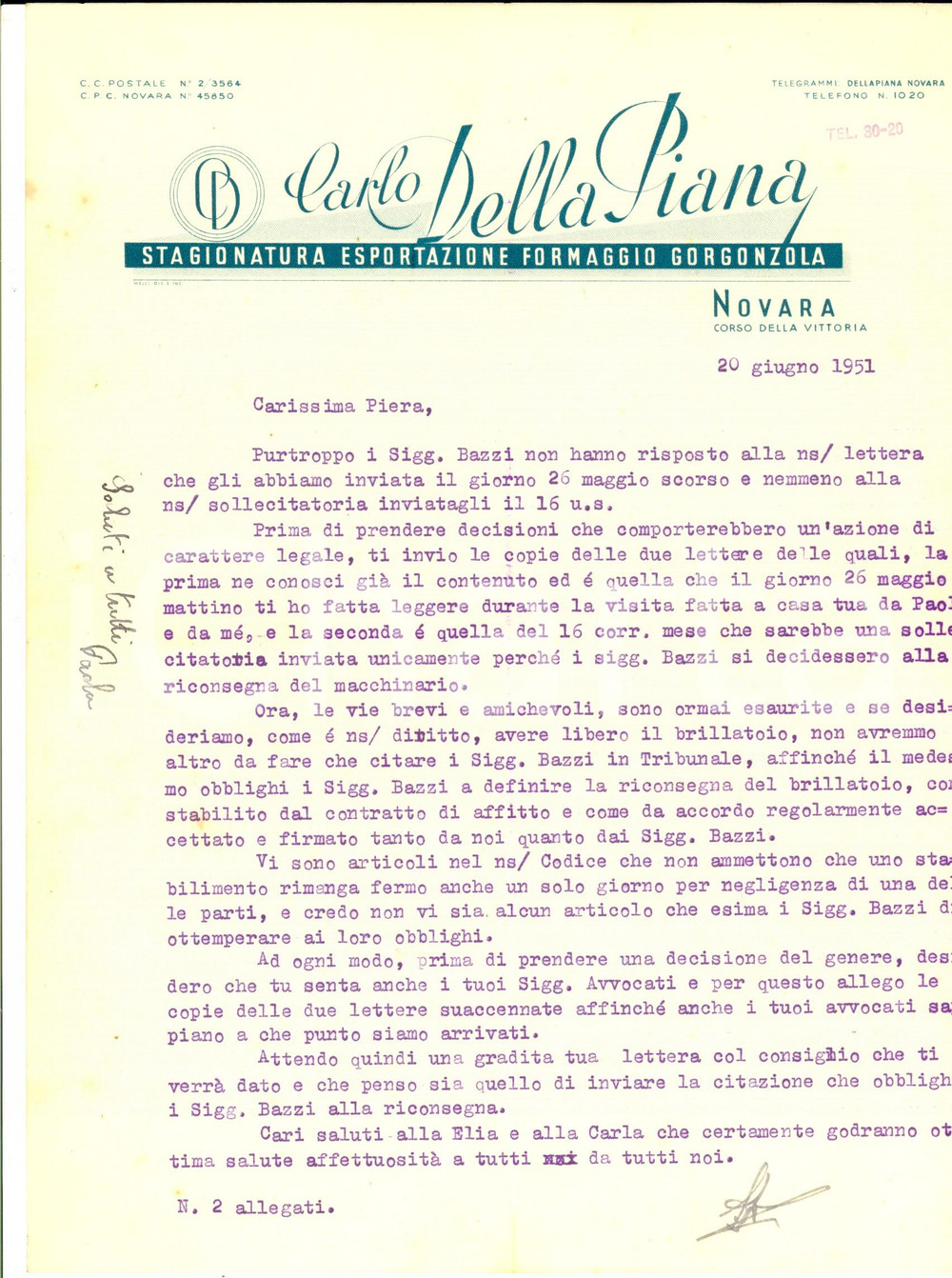 Manoscritto, lettera originale 1951 NOVARA Ditta CARLO DELLA PIANA Esportazione gorgonzola Lettera 1