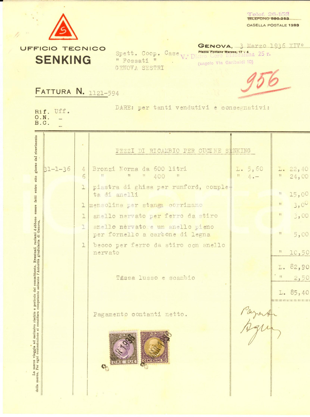 Documento originale, autentico 1936 GENOVA Fontane Marose  Ufficio Tecnico SENKING Fattura pezzi per cucine 1