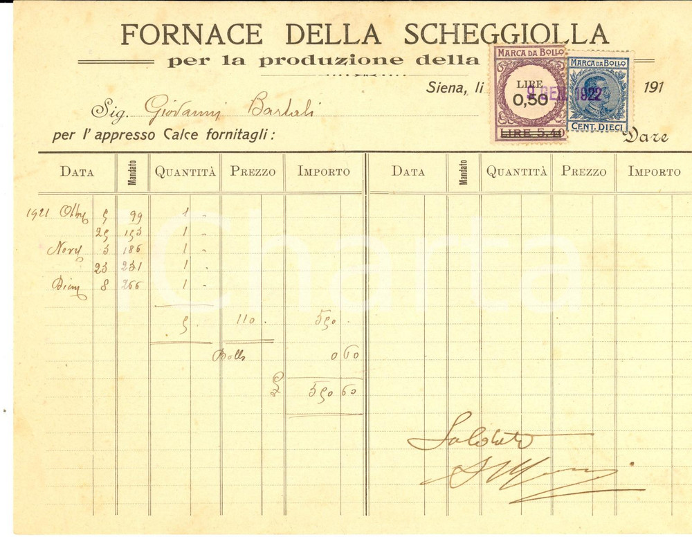 Documento originale, autentico 1922 SIENA Fornace della SCHEGGIOLLA Fattura su carta intestata 1