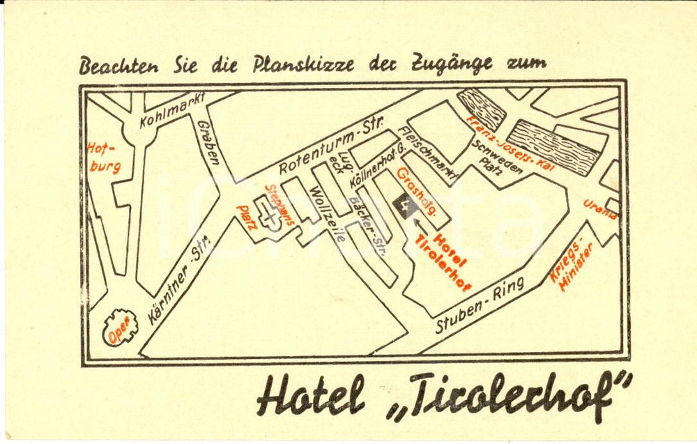 Materiale pubblicitario d’epoca 1950 ca WIEN Hotel TIROLERHOF Cartoncino pubblicitario con mappa 14x9 cm 1