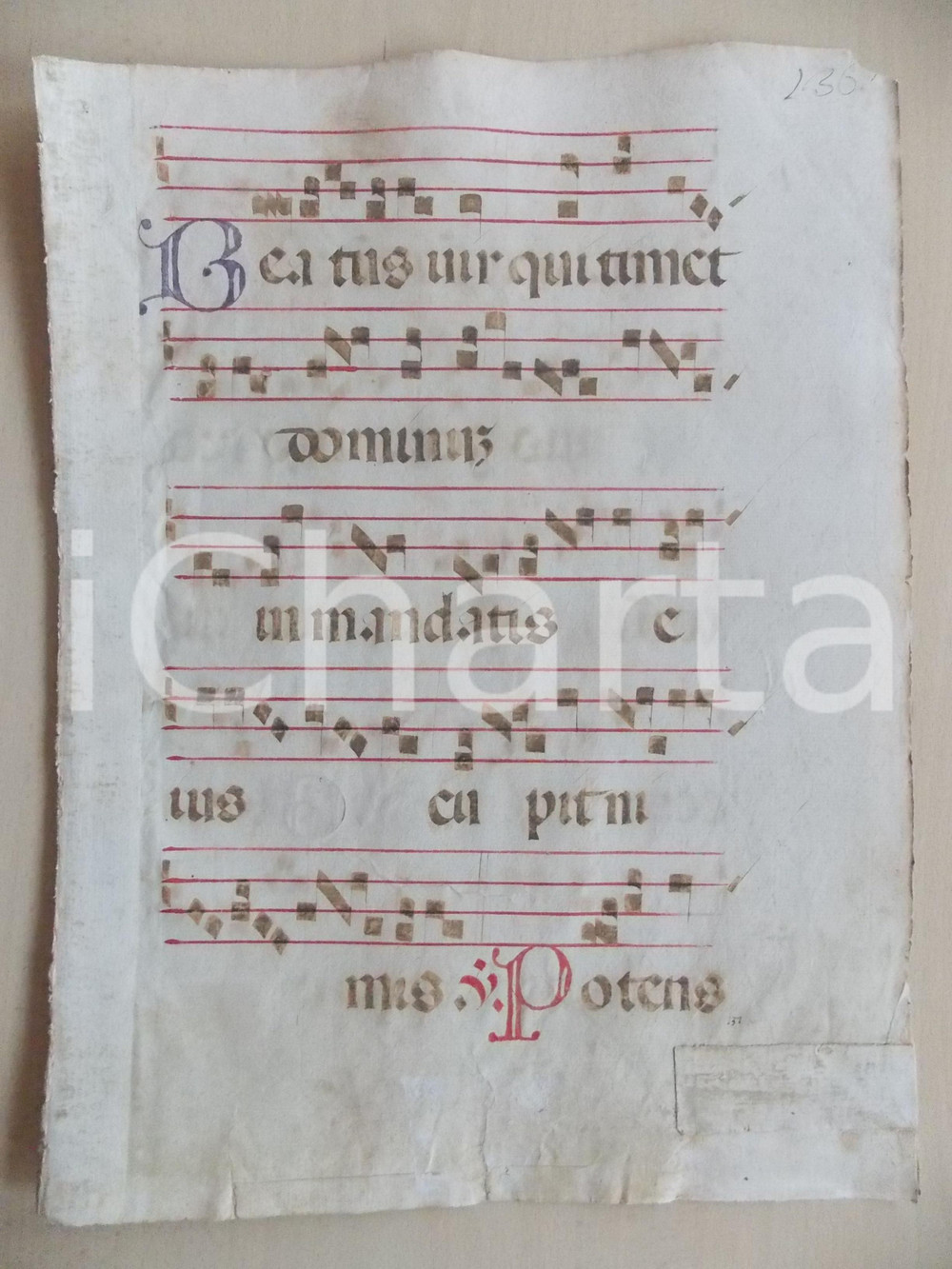 Libro, pubblicazione d epoca 1600 c ANTIFONARIO ROMANO Pagina manoscritta rosso nero Salmo POTENS Danneggiata 1