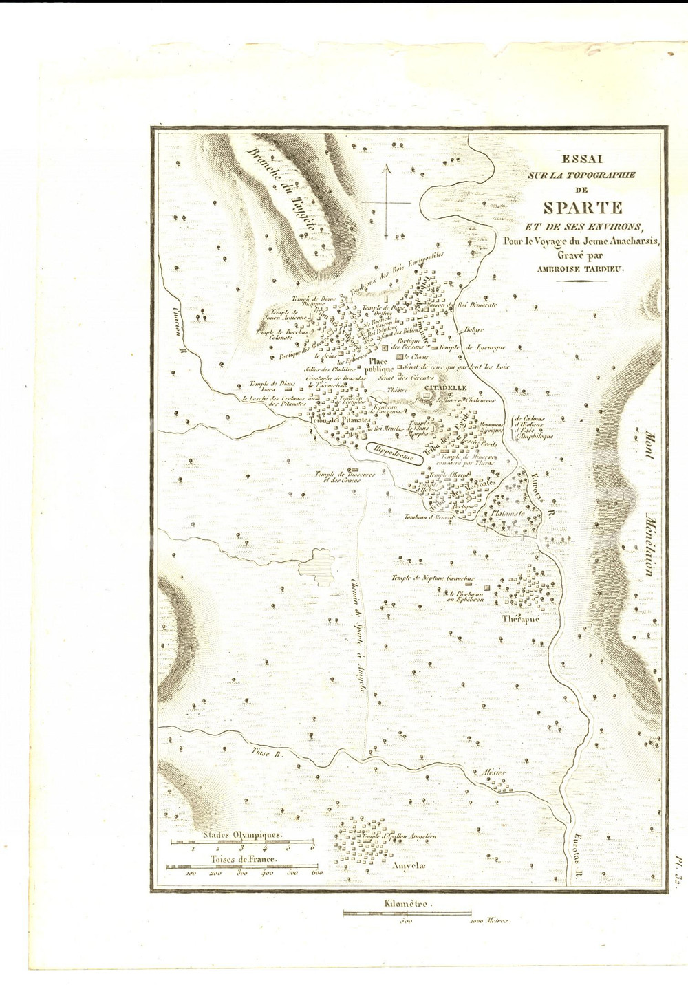 Stampa, bozzetto originale 1830 Anacharsis en GrÃ¨ce  Topographie de SPARTE Gravure TARDIEU pl. 33 1
