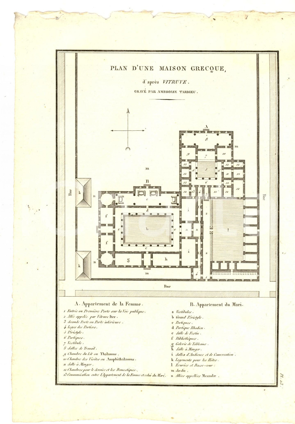 Stampa, bozzetto originale 1830 Anacharsis en GrÃ¨ce  Plan d une maison grecque Gravure TARDIEU pl. 23 1