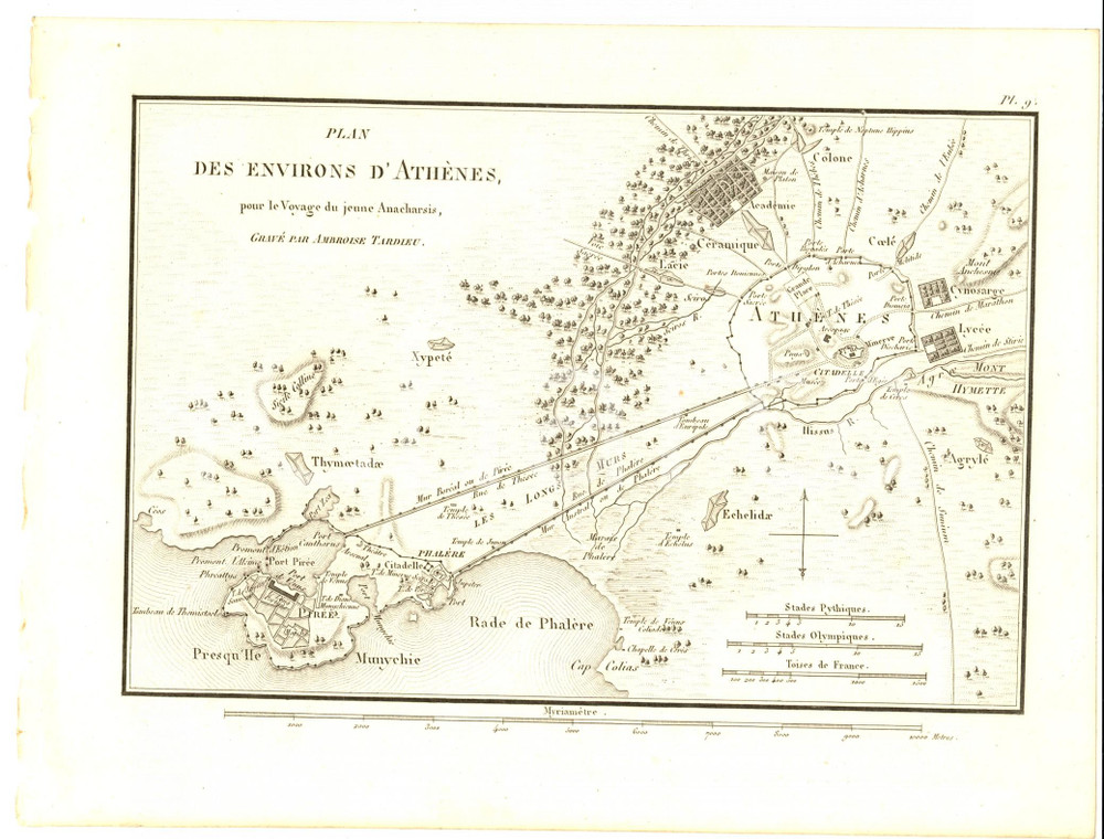 Stampa, bozzetto originale 1830 Anacharsis en GrÃ¨ce  Plan des environs d ATHENES Gravure TARDIEU pl. 9 1