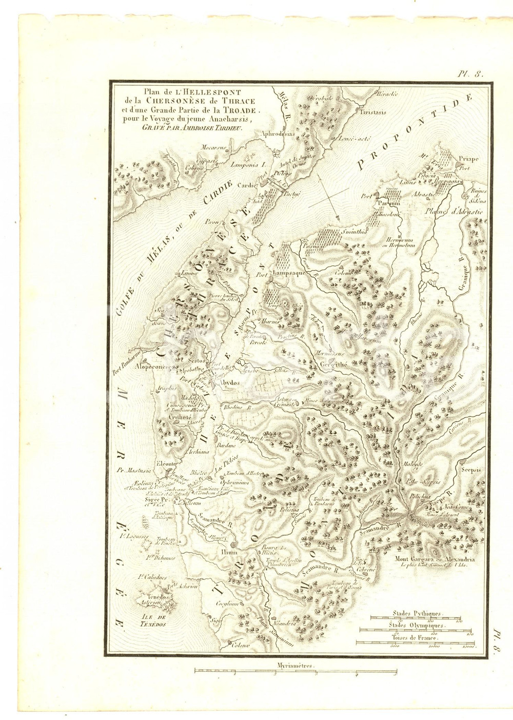 Stampa, bozzetto originale 1830 Anacharsis en GrÃ¨ce  Plan HELLESPONT CHERSONESE  Gravure TARDIEU pl. 8 1