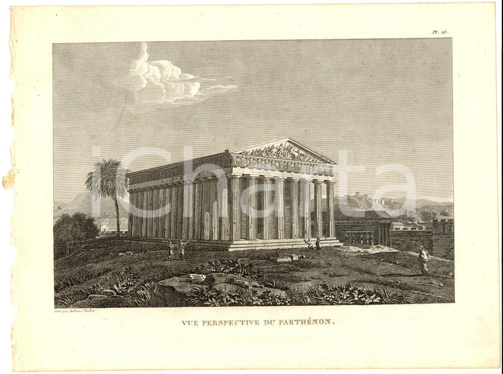 Stampa, bozzetto originale 1830 Anacharsis en GrÃ¨ce  Vue du PARTHENON Gravure TARDIEU pl. 18 1