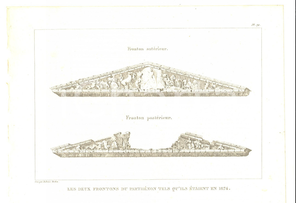 Stampa, bozzetto originale 1830 Anacharsis en GrÃ¨ce  Deux frontons du PARTHENON Gravure TARDIEU pl. 19 1