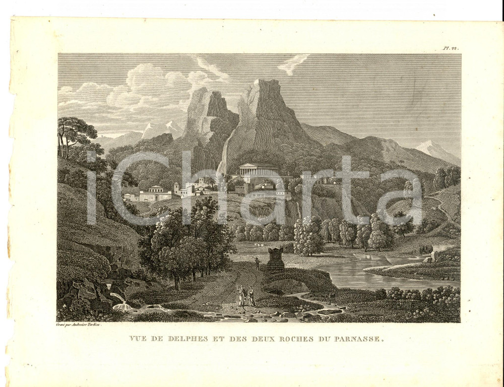 Stampa, bozzetto originale 1830 Anacharsis en GrÃ¨ce  Vue de DELPHES et du PARNASSE Gravure TARDIEU pl. 22 1