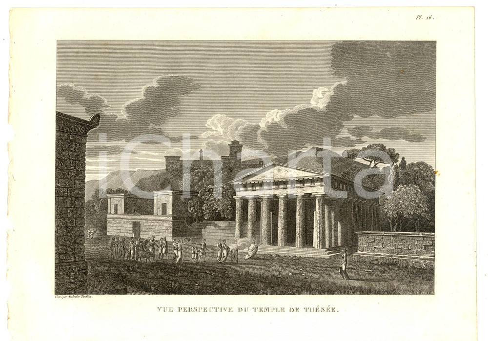Stampa, bozzetto originale 1830 Anacharsis en GrÃ¨ce  Vue perspective temple de THESEE Gravure pl. 16 1