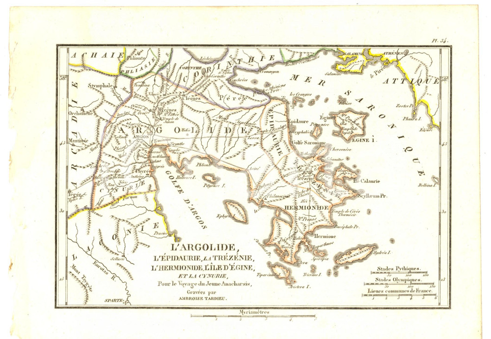 Stampa, bozzetto originale 1830 Anacharsis en GrÃ¨ce  ARGOLIDE EPIDAURIE CYNURIE Gravure TARDIEU pl. 34 1