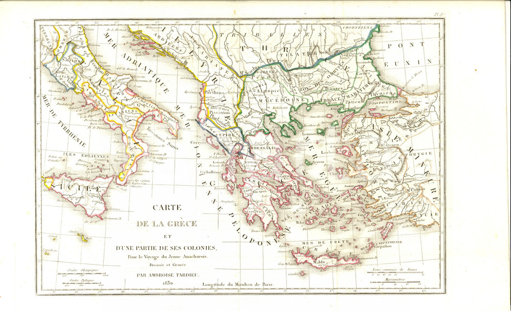 Stampa, bozzetto originale 1830 Anacharsis en GrÃ¨ce  Carte de la GRECE et de ses colonies Gravure pl.1Ã¨re 1