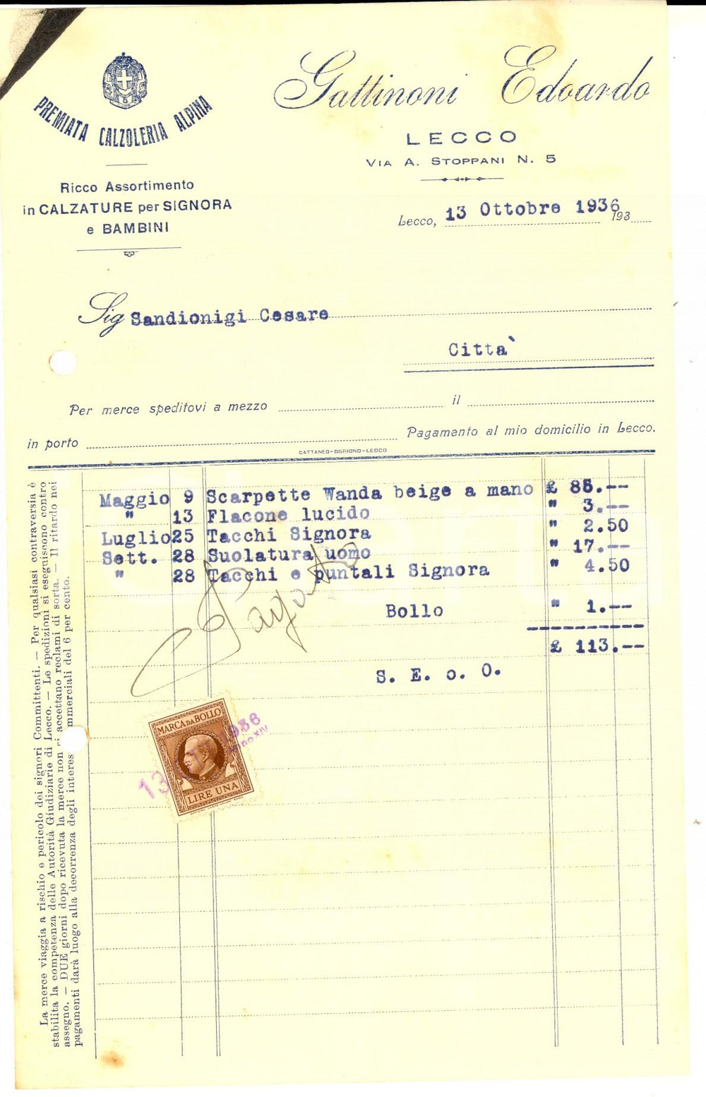 Documento originale, autentico 1936 LECCO Edoardo GATTINONI Premiata Calzoleria Alpina Fattura intestata 1