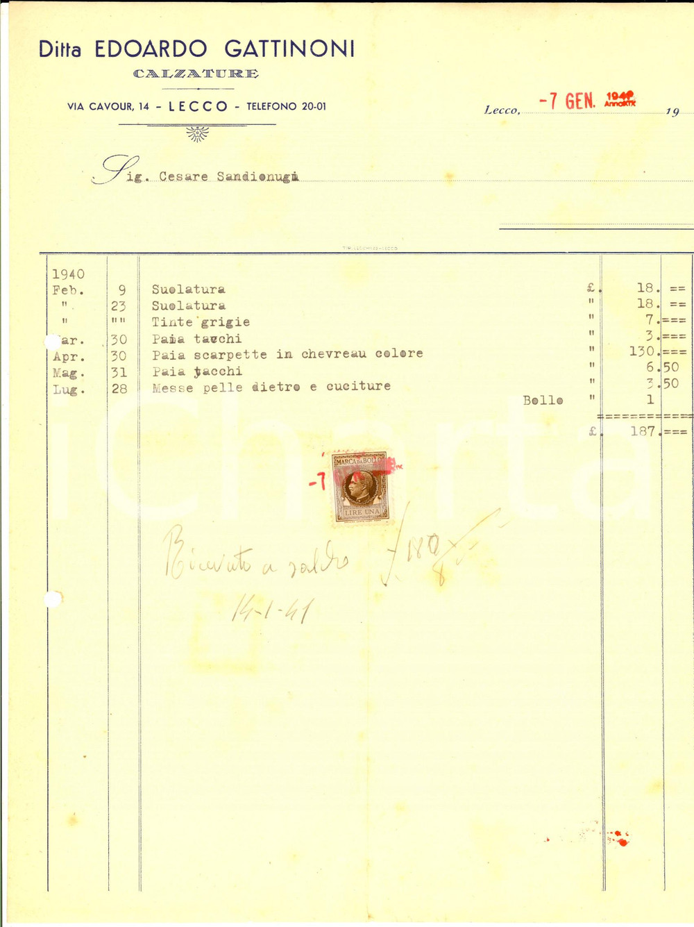 Documento originale, autentico 1941 LECCO via Cavour  Ditta Edoardo GATTINONI Fattura intestata 1