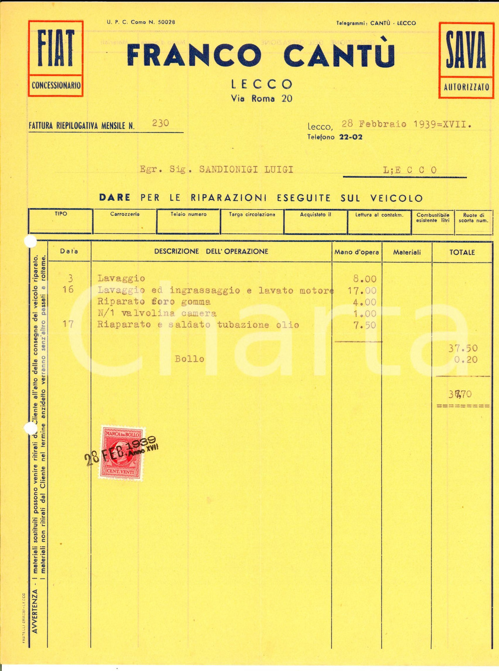 Documento originale, autentico 1939 LECCO Concessionario FIAT Franco CANTU  Fattura intestata per riparazioni 1