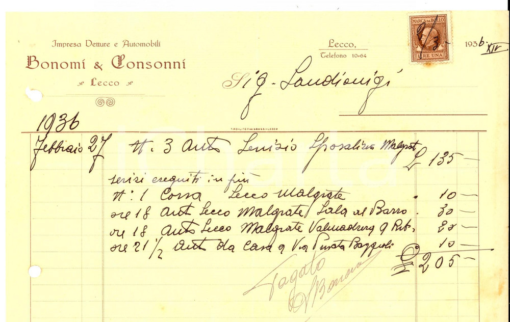 Documento originale, autentico 1936 LECCO Impresa BONOMI & CONSONNI Vetture e automobili Fattura 23x14 cm 1