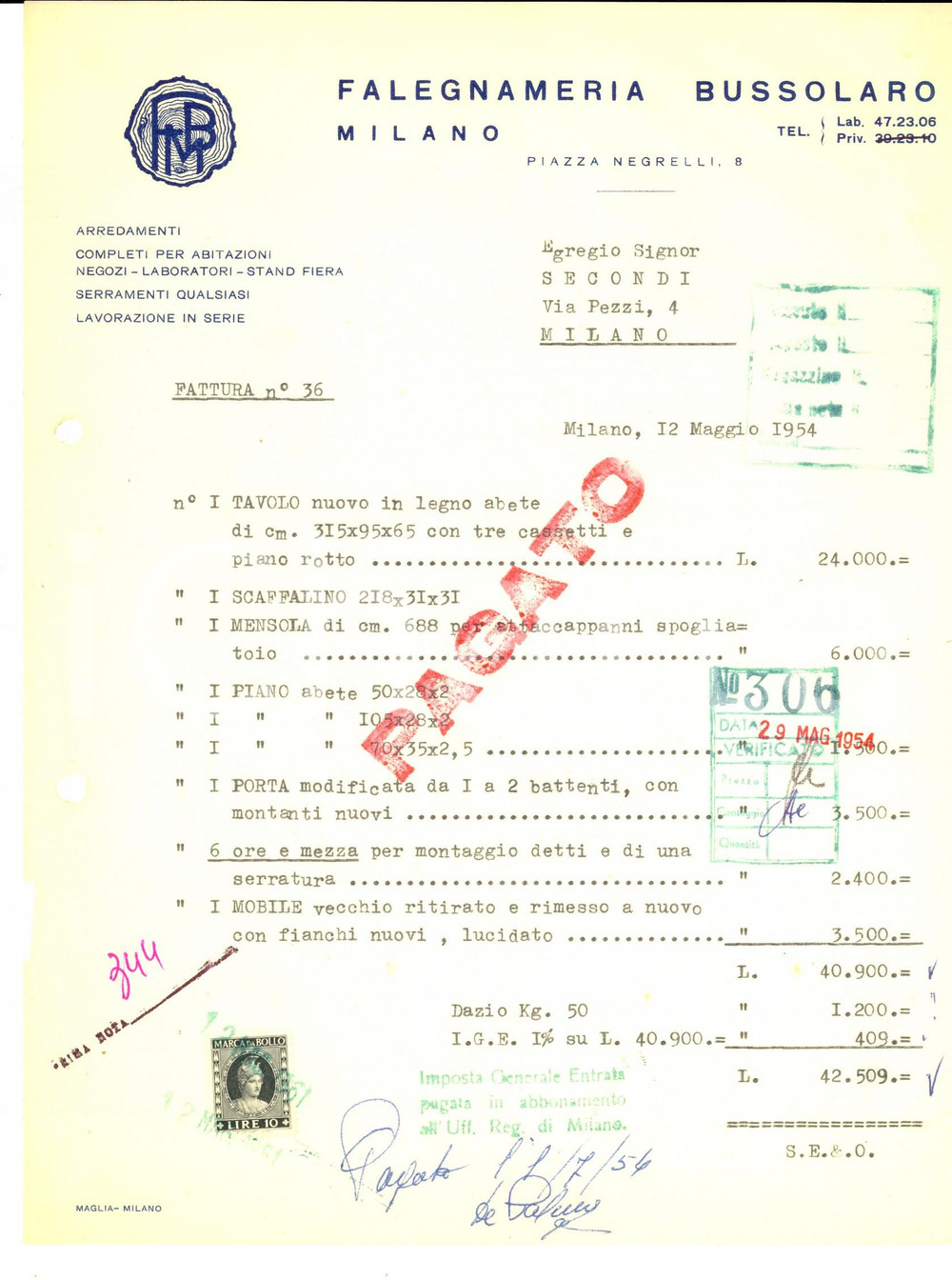 Documento originale, autentico 1954 MILANO Falegnameria BUSSOLARO Fattura intestata arredamenti 1