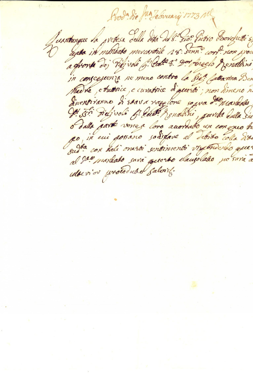 Documento originale, autentico 1773 BRESCIA Dilazione ad Angelo RENALDINI per debito vs Pietro BORGHETTI 1