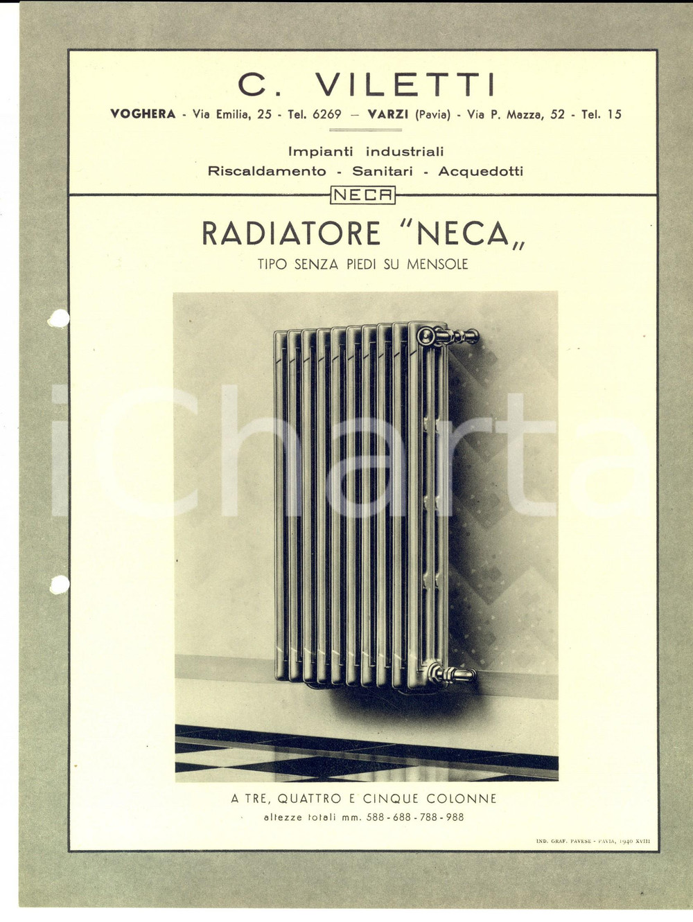 Materiale pubblicitario d’epoca 1940 VOGHERA PV Ditta VILETTI Radiatore NECA senza piedi Scheda ILLUSTRATA 1