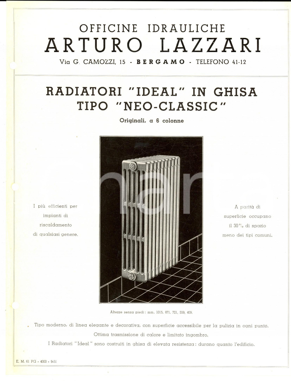 Materiale pubblicitario d’epoca 1951 BERGAMO Ditta Arturo LAZZARI Radiatori IDEAL NEOCLASSIC Scheda ILLUSTRATA 1