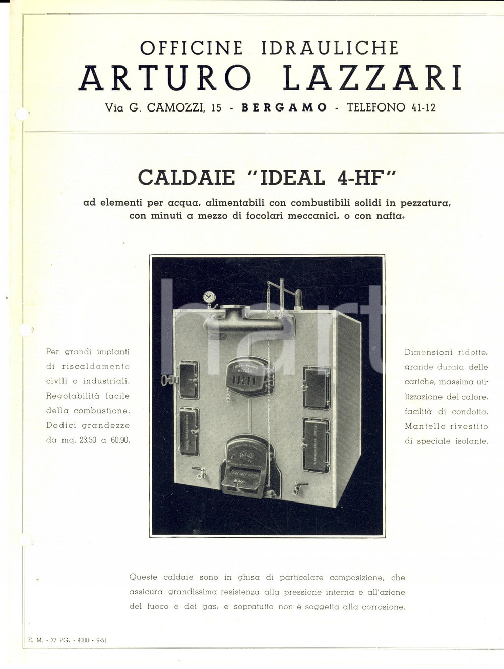 Materiale pubblicitario d’epoca 1951 BERGAMO Ditta Arturo LAZZARI Caldaie IDEAL 4HF Scheda ILLUSTRATA 1