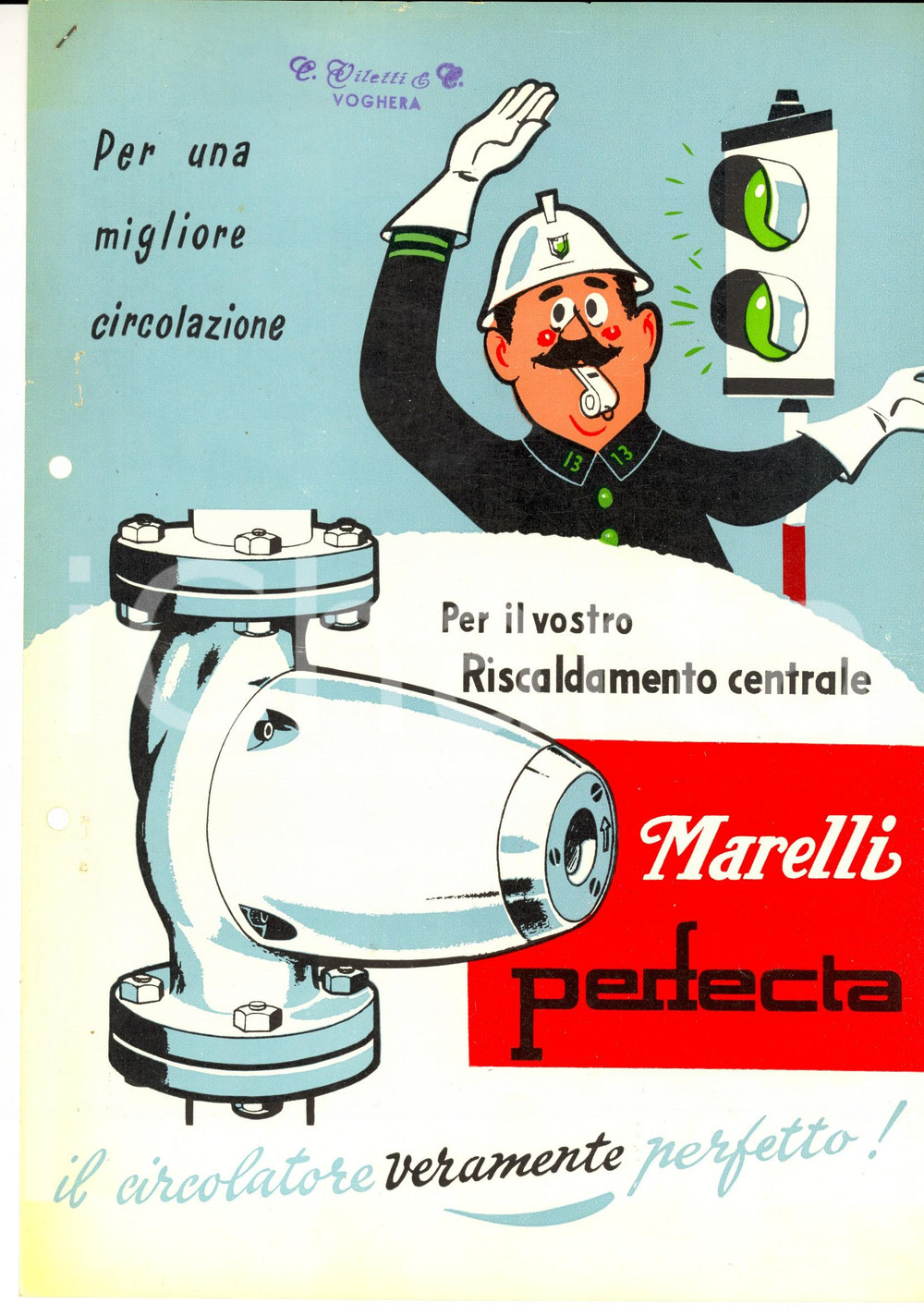 Materiale pubblicitario d’epoca 1950 ca Circolatore MARELLI PERFECTA per riscaldamento centrale PUBBLICITARIO 1