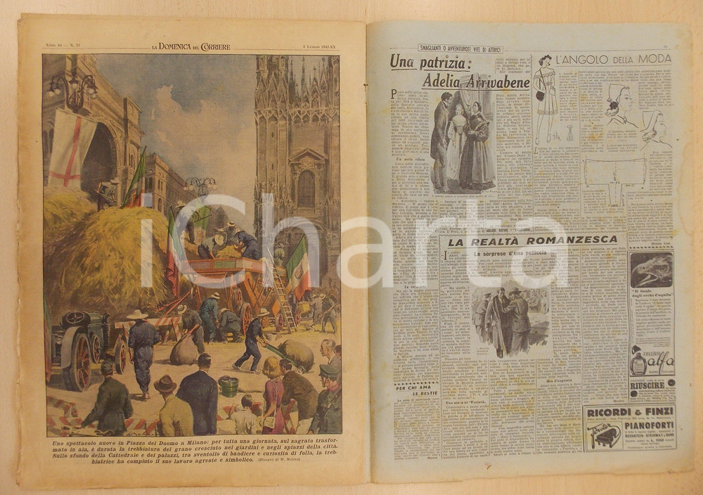 Giornale, rivista storica 1942 DOMENICA DEL CORRIERE Trebbiatura grano Duomo di Milano Con sovracoperta 1