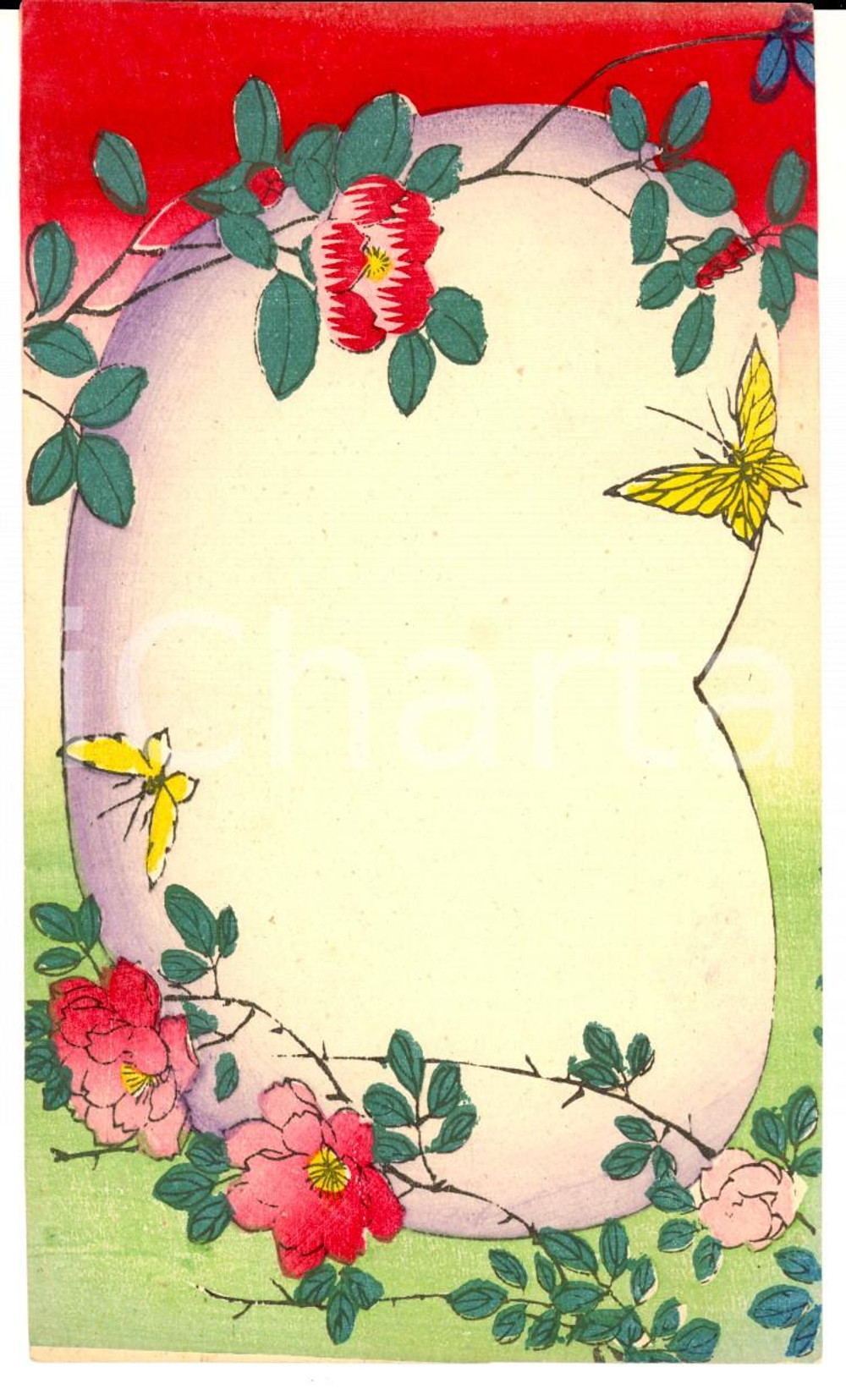 Stampa, bozzetto originale 1940 Fantasia di fiori e farfalle in volo Biglietto DISEGNATO A MANO 9x15 cm 1