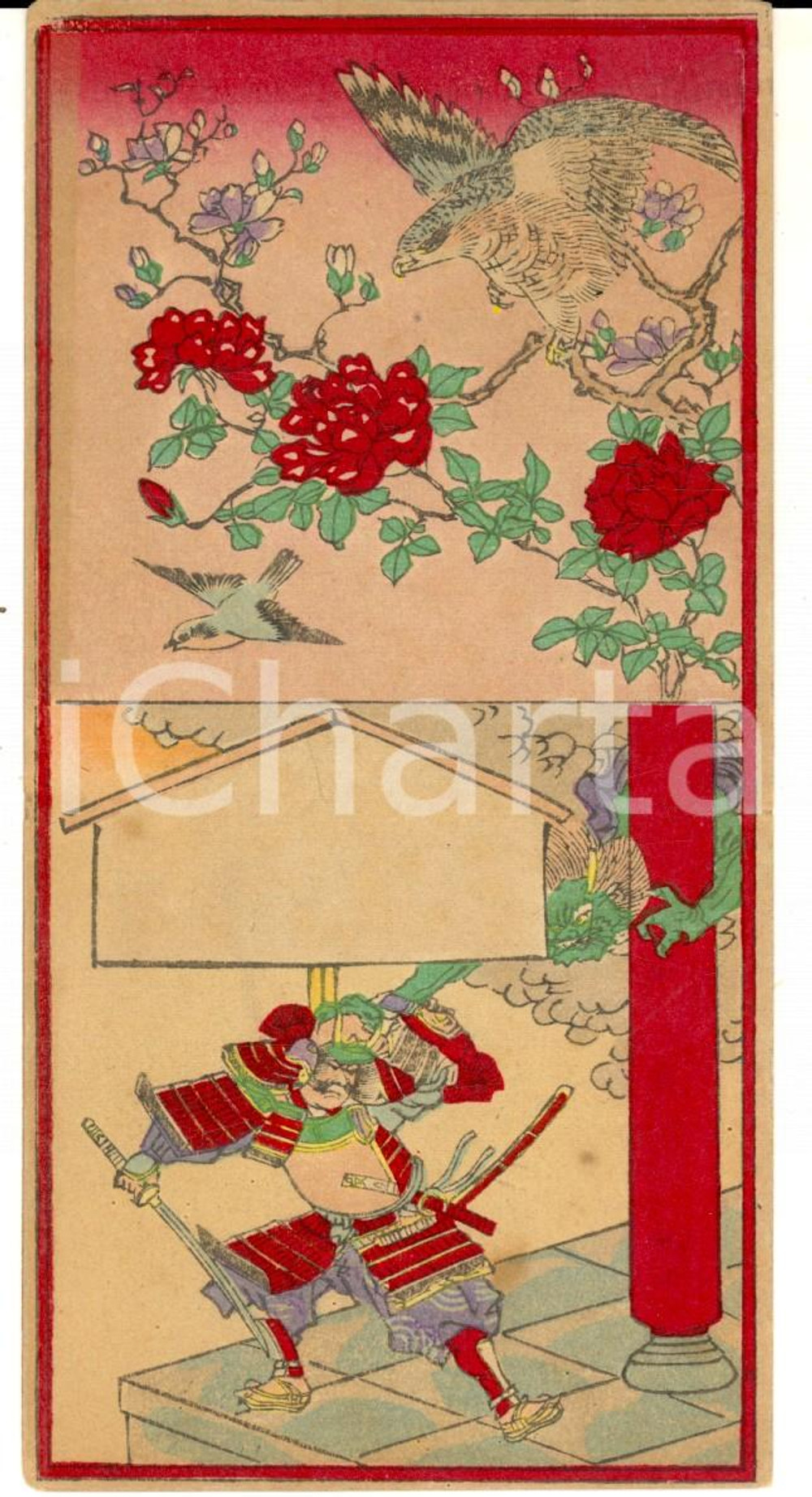 Stampa, bozzetto originale 1940 COSTUMI Samurai con falco pellegrino Biglietto DISEGNATO A MANO 8x15 cm 1