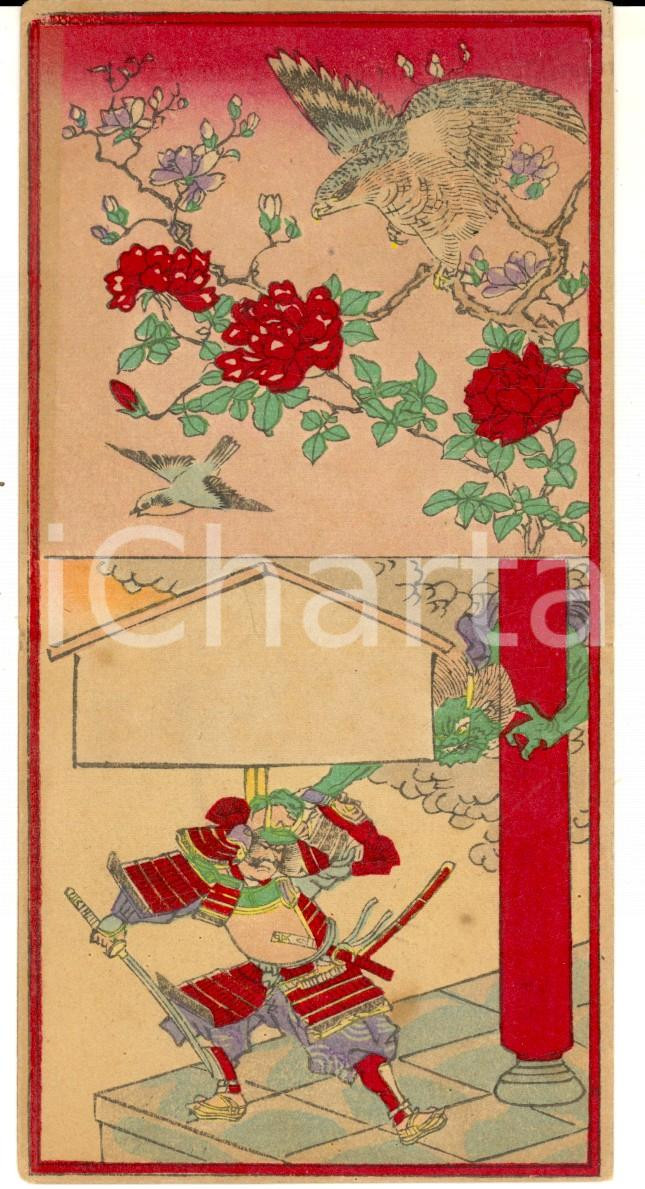 Oggetto da collezione cartaceo 1890 ca GIAPPONE Samurai con falco pellegrino Biglietto CROMOLITOGRAFIA 8x15 cm 1