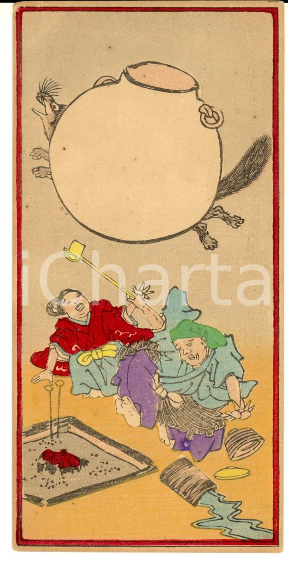 Stampa, bozzetto originale 1940 ca GiapponesI terrorizzati da animale volante Biglietto DISEGNATO A MANO 1