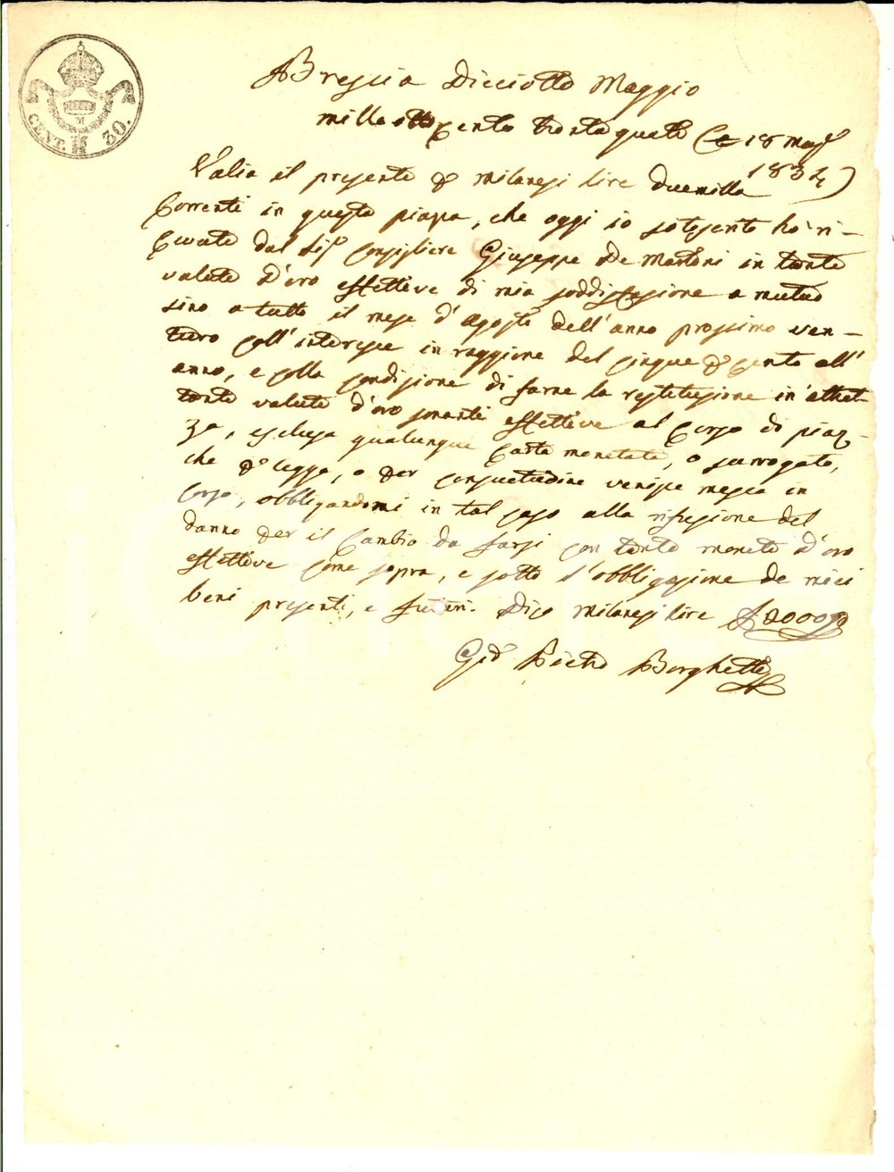 Documento originale, autentico 1834 BRESCIA Ricevuta Pietro BORGHETTI al consigliere Giuseppe DE MARTORI 1