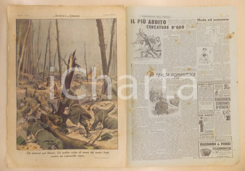 Giornale, rivista storica 1942 DOMENICA DEL CORRIERE Fanti italiani in attacco nel DONEZ Con sovracoperta 1