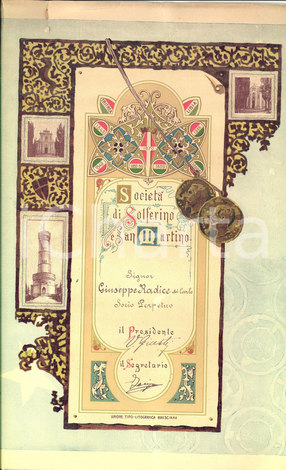 Oggetto da collezione cartaceo 1890 ca PADOVA SOCIETA  DI SOLFERINO E SAN MARTINO Diploma Giuseppe RADICE socio 1