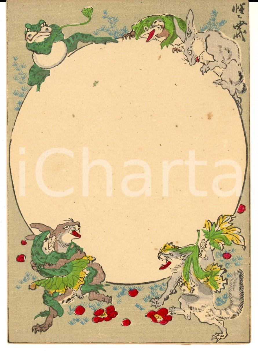 Oggetto da collezione cartaceo 1890 ANIMALI La ranocchia sorpresa con il coniglio Biglietto CROMOLITOGRAFIA 1