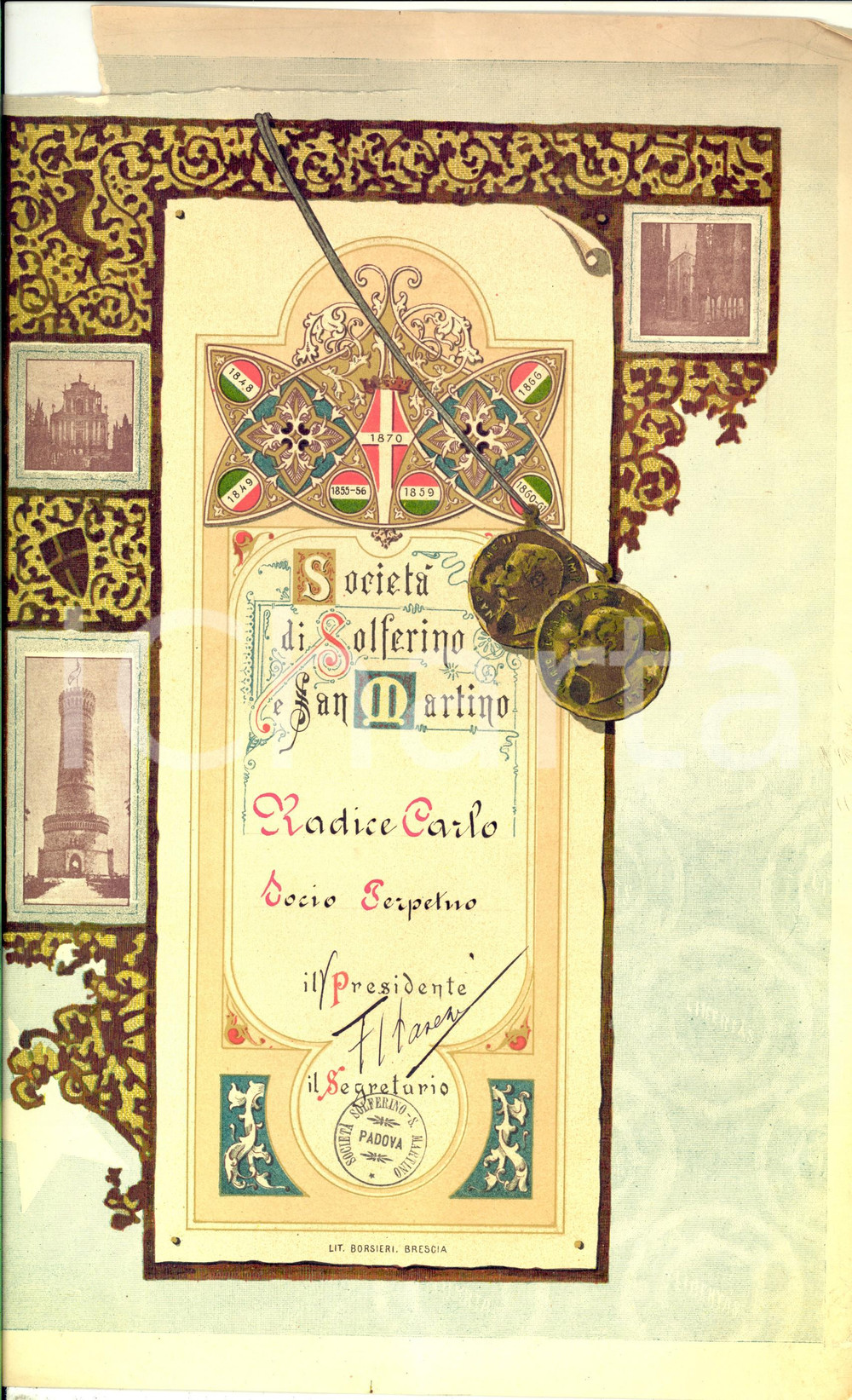 Oggetto da collezione cartaceo 1890 ca PADOVA SOCIETA  DI SOLFERINO E SAN MARTINO Diploma Carlo RADICE socio 1
