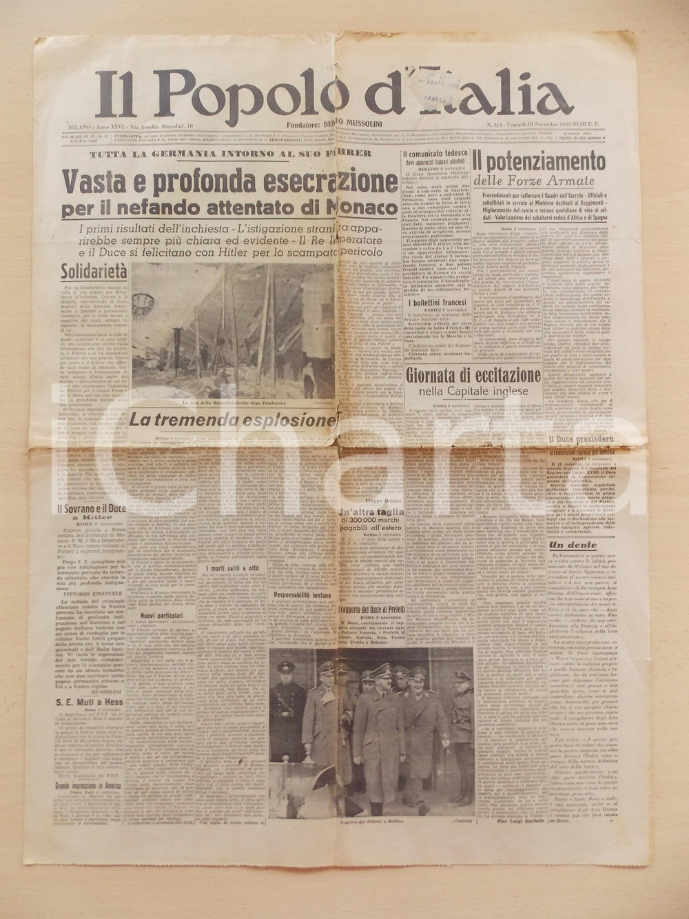 Giornale, rivista storica 1939 IL POPOLO D ITALIA Esecrazione per attentato di MONACO Rivista DANNEGGIATA 1