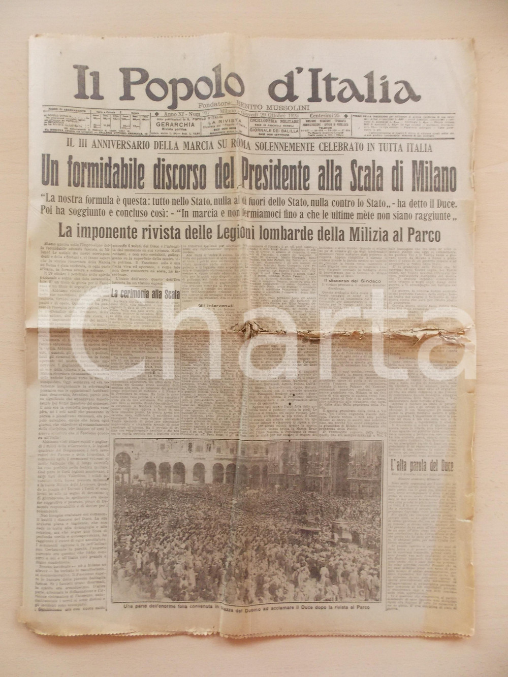 Giornale, rivista storica 1925 POPOLO D ITALIA Discoro del DUCE alla SCALA di MILANO Giornale DANNEGGIATA 1