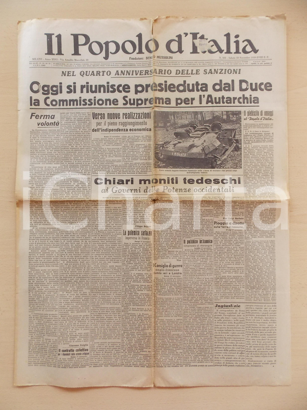 Giornale, rivista storica 1939 POPOLO D ITALIA Riunione Commissione Suprema Autarchia Rivista DANNEGGIATA 1